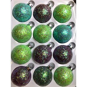 Christmas Ornament Set Of 12 Glitter Green & Purple Baubles Globe Hand-Painted M